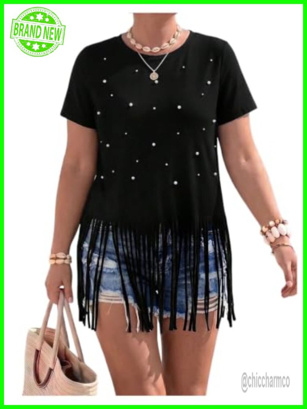 Plus Size Pearl Beaded Fringe Tee Short Sleeve Crewneck Top